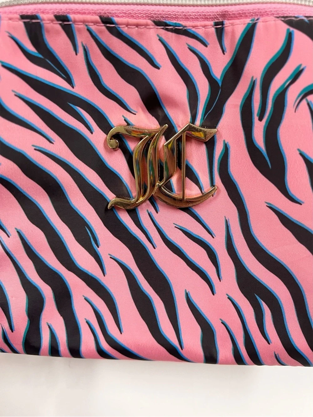 Juicy Couture Womens Puffy Pink Zebra Print Cosmetic Pouch Bag with Gold Logo